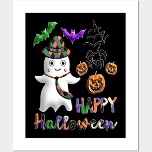 Pumpkin dad ghost Kawaii bat spider Happy Halloween violet orange black dots ribbon 3D tridimensional 320 Posters and Art